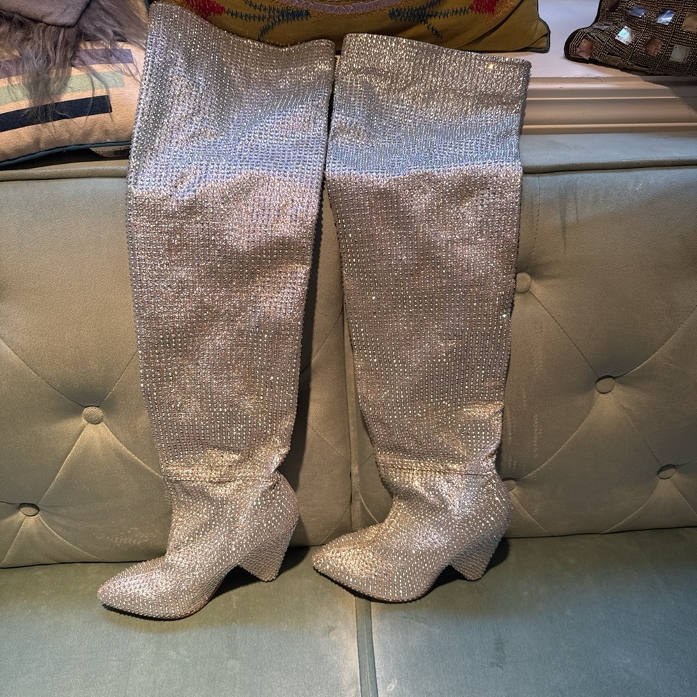 Silver Rhinestone Knee-High Boots 6/36